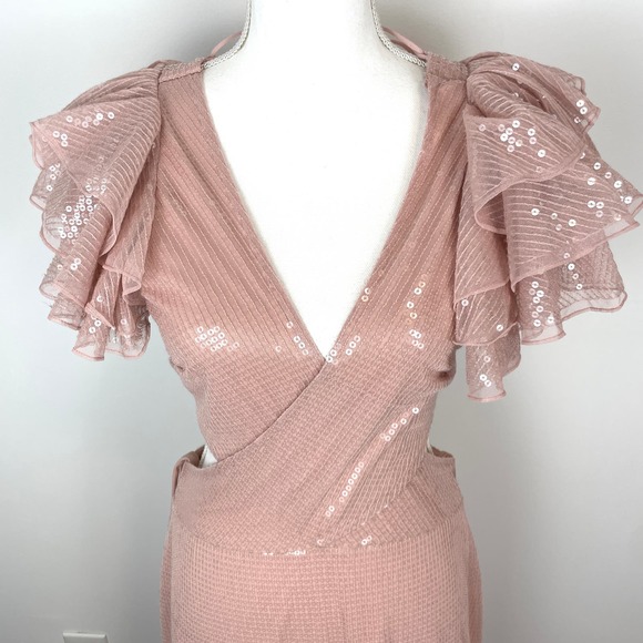 Mac Duggal Sequined Ruffled Cut Out Lace Up Gown In Rose Pink 10829 Size 8 New - Picture 3 of 16